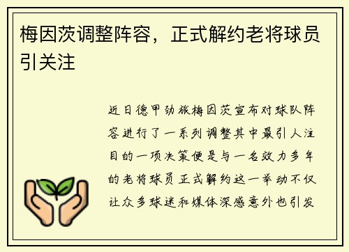 梅因茨调整阵容，正式解约老将球员引关注